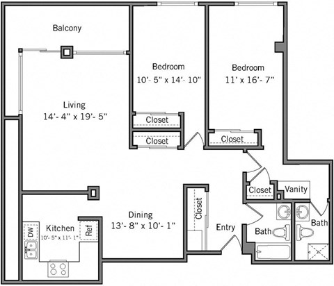 Floor plan for 2 beds, 2 baths, 1464 sqft